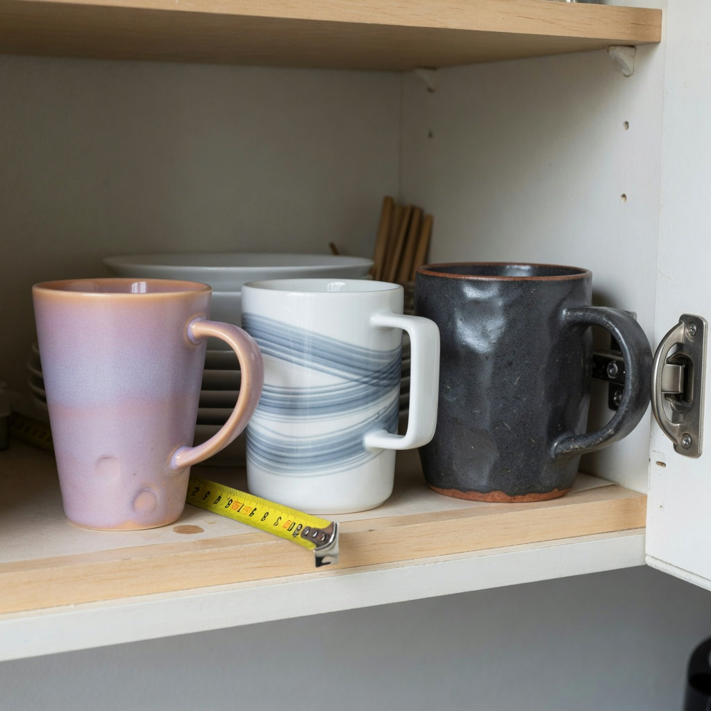 Three ceramic mugs compared in a hot toddy mug storage fit guide for handle clearance and cabinet shelf space