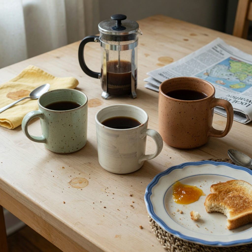 A hot toddy mug weekend coffee product shortlist guide showing three ceramic mugs with visible handles on a weekend kitchen table