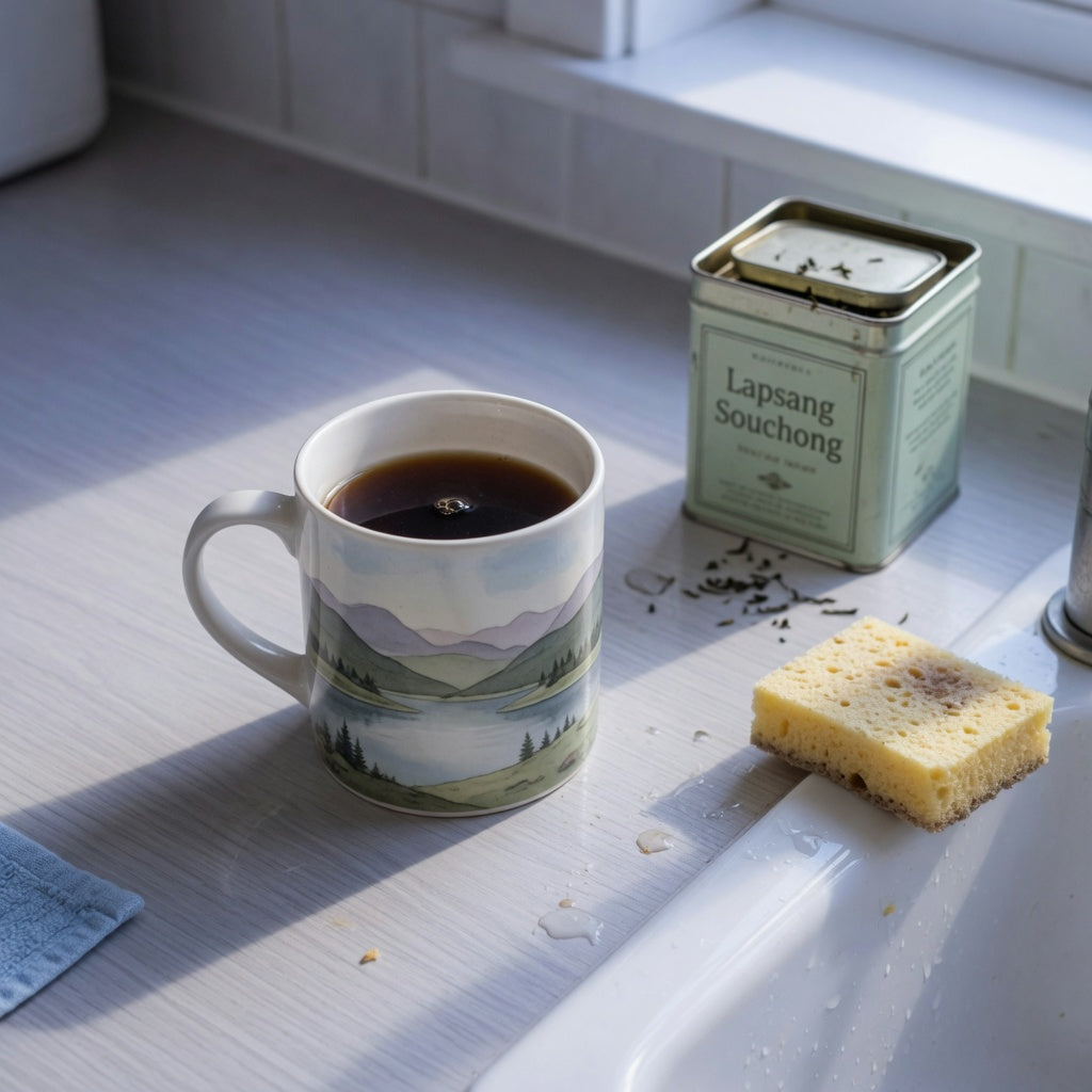 White landscape ceramic mug beside coffee and tea on a counter, for a how to choose landscape mug ceramic coffee tea cup buying guide