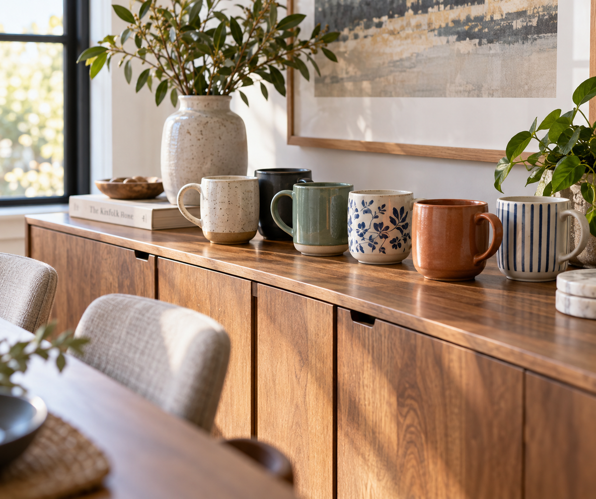 how to choose mugs for sideboard: decorative mugs displayed on a sideboard