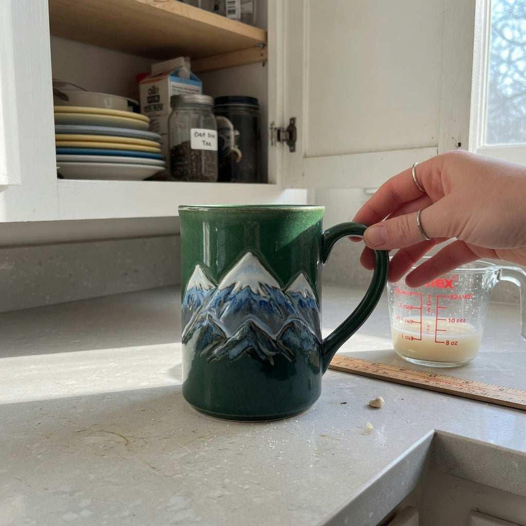 Countertop comparison showing how to choose tall ceramic coffee tea mug capacity, handle clearance, and cabinet fit