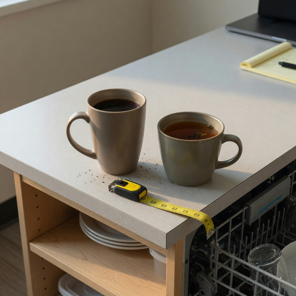 Kitchen counter comparison showing how to choose tall ceramic coffee tea mug size, handle clearance, and base width