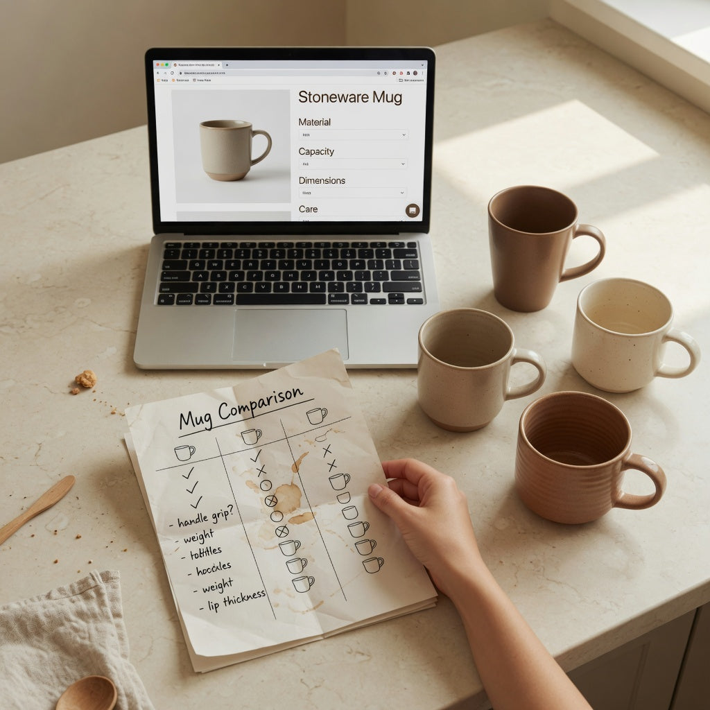 Shopper checking listing fields to learn how to tell if a mug is ceramic before buying online