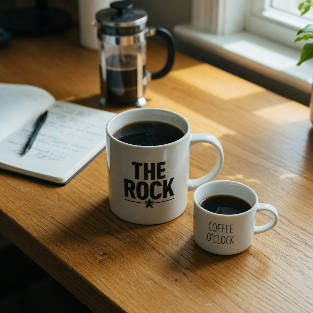Size comparison for shoppers asking is 480 ml mug big: The Rock 480 ml ceramic mug beside a standard 350 ml coffee mug on a wooden desk