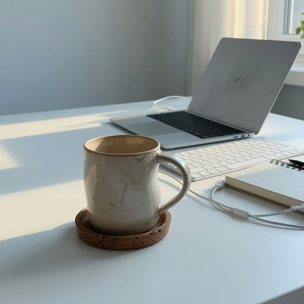 Is a ceramic sculptural mug practical for office use? A curved ceramic mug sits beside a laptop on a clear office desk.