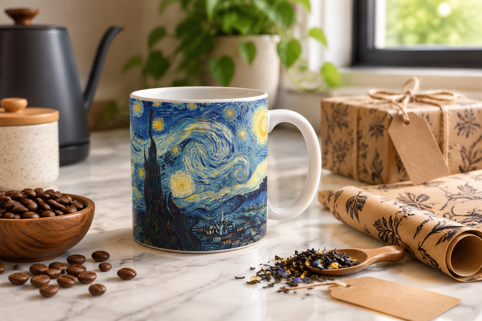 Is a coffee mug a good gift: an art mug with wrapping paper, coffee beans, and tea on a kitchen counter