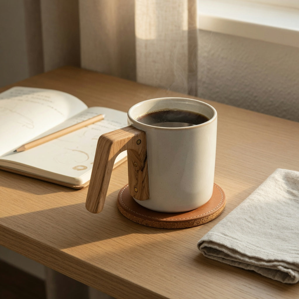 Is a wooden handle coffee mug practical for everyday use? Wood-grip mug on a home desk beside a coaster and folded drying cloth.