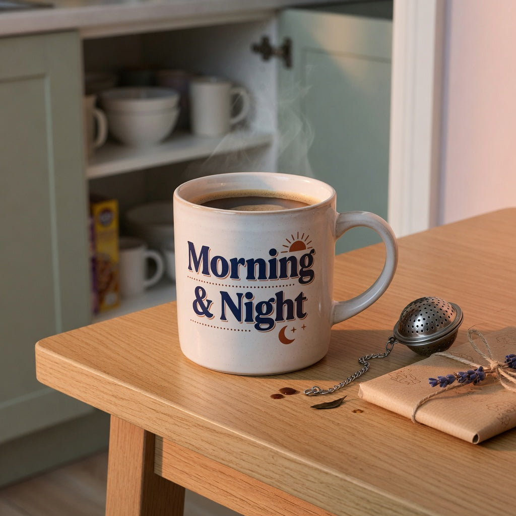Is the Morning & Night mug a practical gift? A 440 ml ceramic mug on a home desk beside coffee, tea, and kraft wrapping paper.