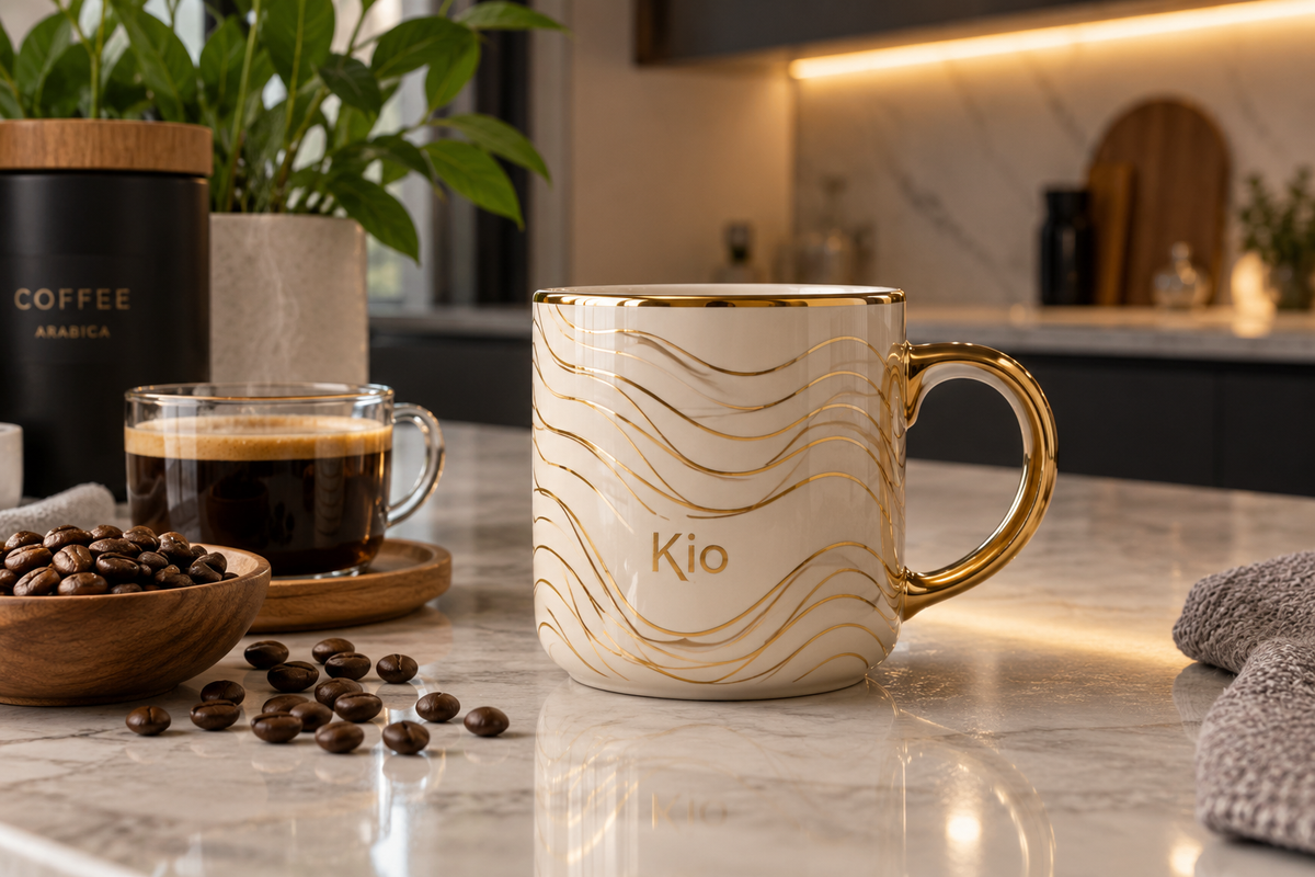 kio coffee mug for home decor on kitchen counter with coffee