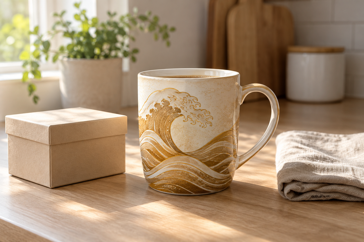 Decorative golden waves mug set out as a kio coffee tea mug gift on a kitchen counter