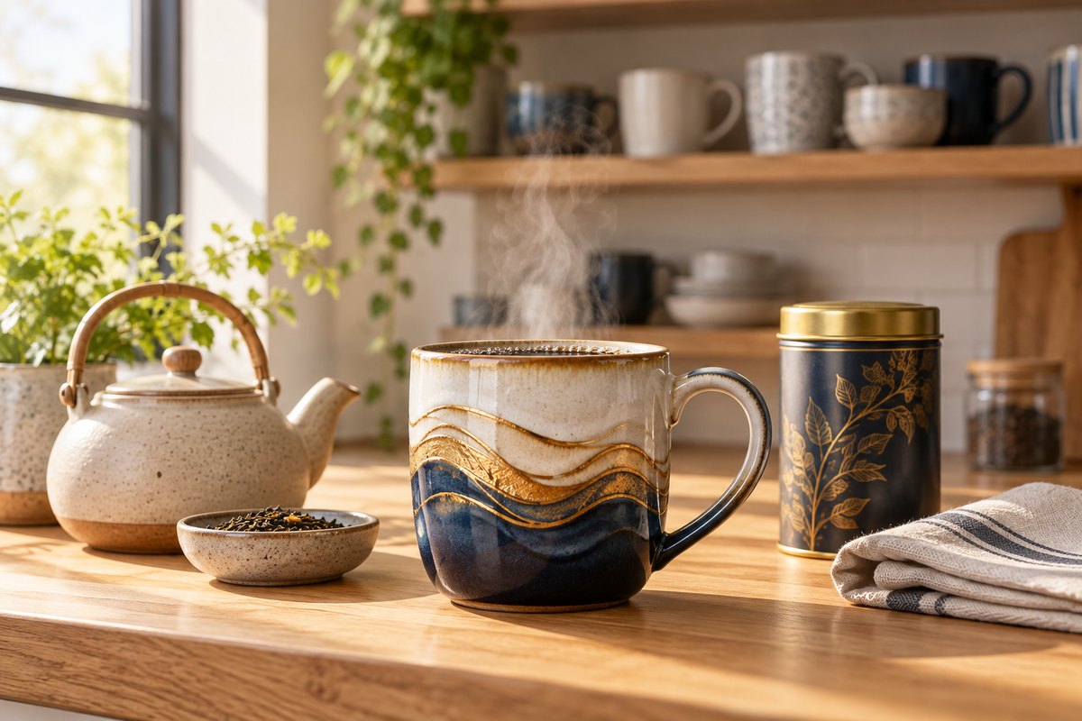 Kio coffee tea mug with golden wave detailing on an oak kitchen counter beside a small teapot