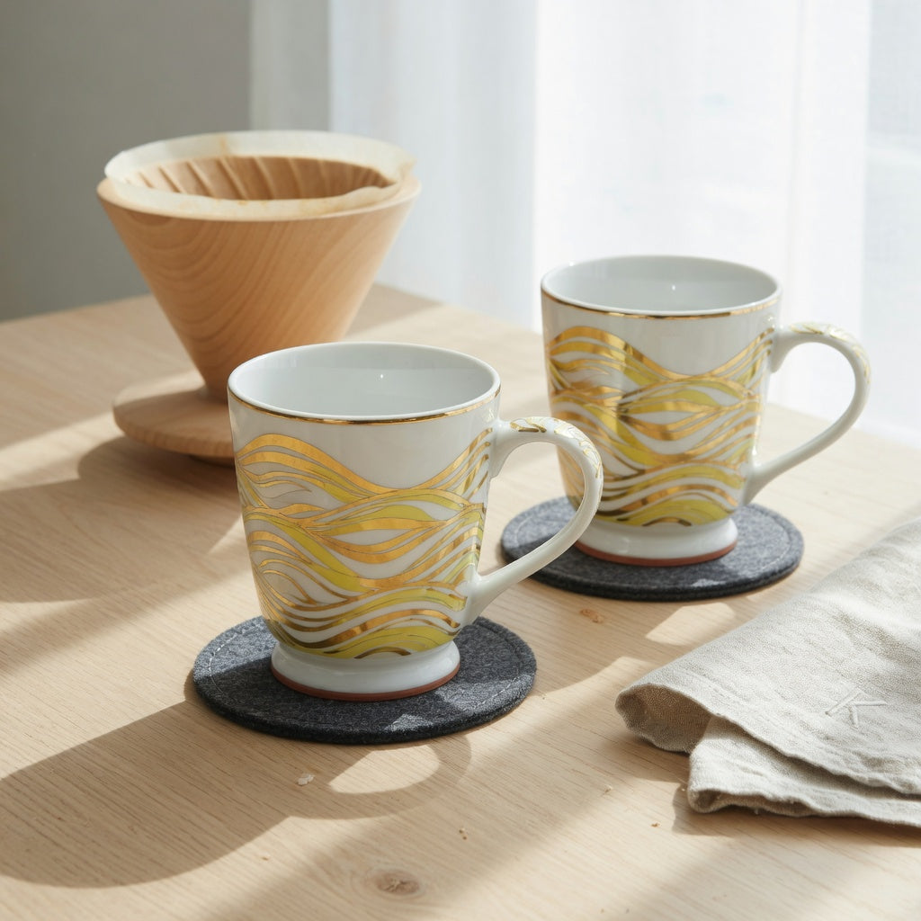 Kio golden waves ceramic mug with gold wave detailing on a wooden desk beside a pour-over coffee setup
