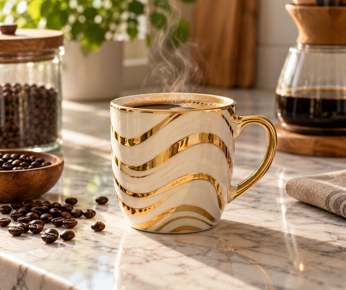 Kio Mug Gift for Coffee Enthusiasts golden waves design for coffee lovers