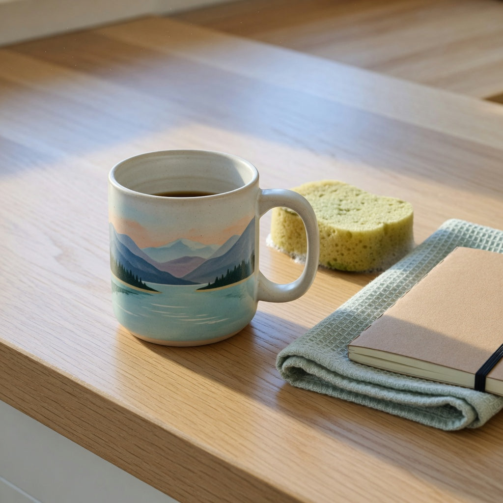 Scenic mug on a kitchen counter for a landscape ceramic coffee mug buying checklist, beside a sponge and blank notebook