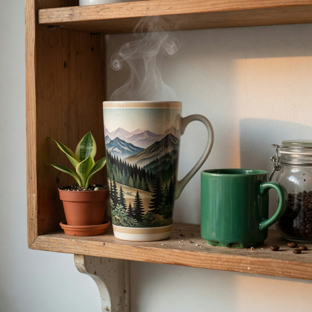 Tall landscape coffee mug with a wraparound mountain print on an open kitchen shelf beside a solid green mug and coffee beans