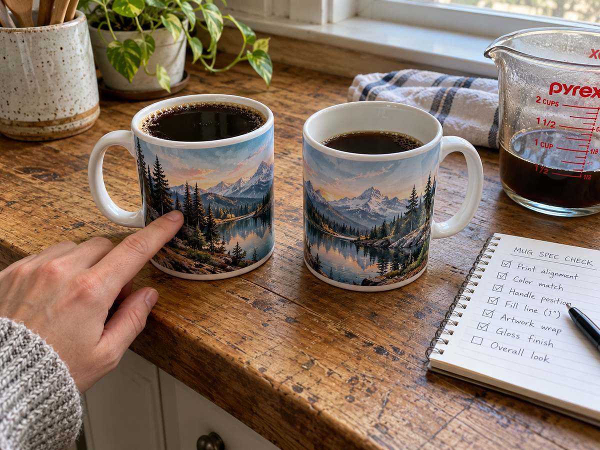 Two landscape coffee mugs side by side on a wooden counter for a landscape coffee mug comparison of print finish, capacity, and fill level