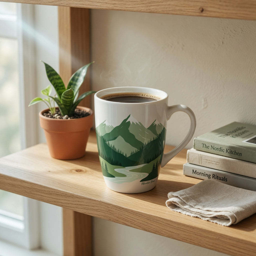 Tall landscape coffee mug for home decor styled on an open kitchen shelf beside a plant and books