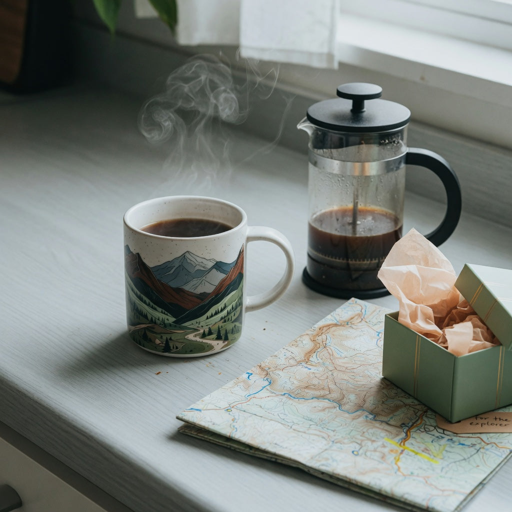 Landscape coffee mug gift for coffee lovers with wraparound mountain artwork steaming on a kitchen counter beside a French press and a gift box