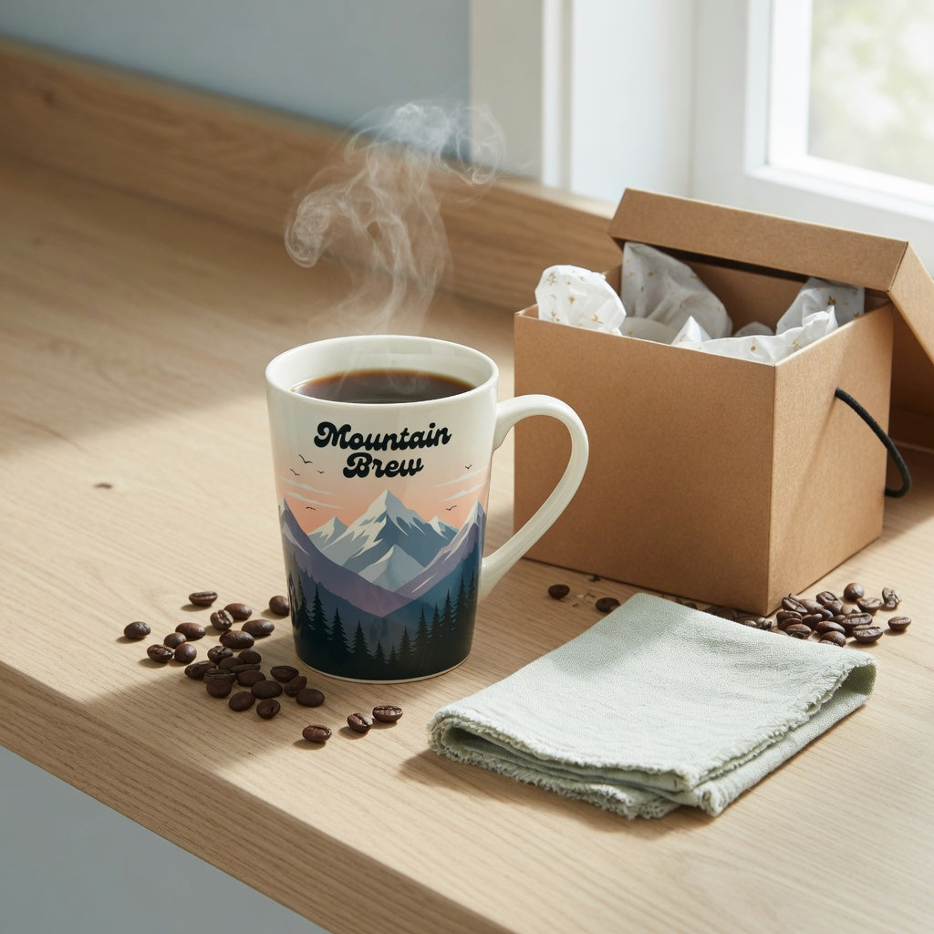 Tall ceramic landscape coffee mug gift with mountain artwork on a kitchen counter beside a kraft gift box.