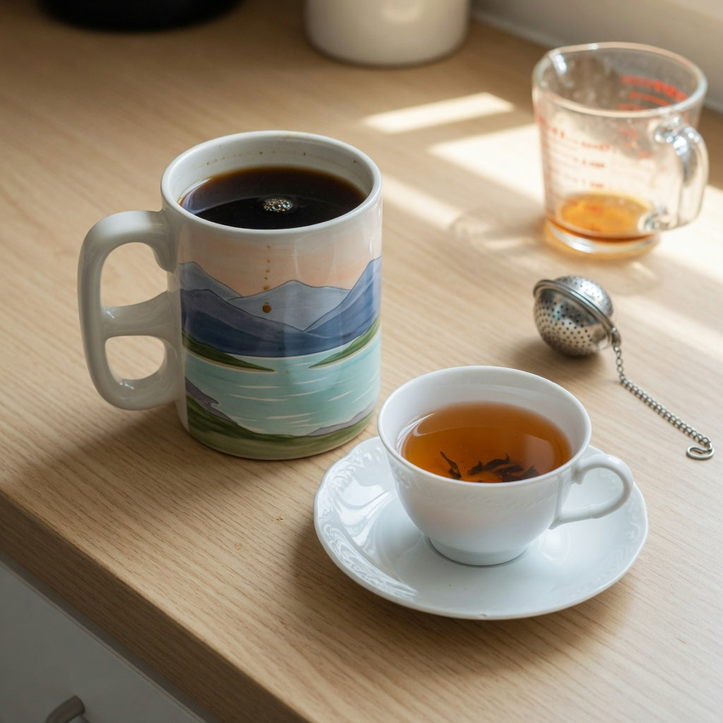 Landscape coffee mug vs tea mug comparison showing a tall scenic mug beside a flared porcelain teacup