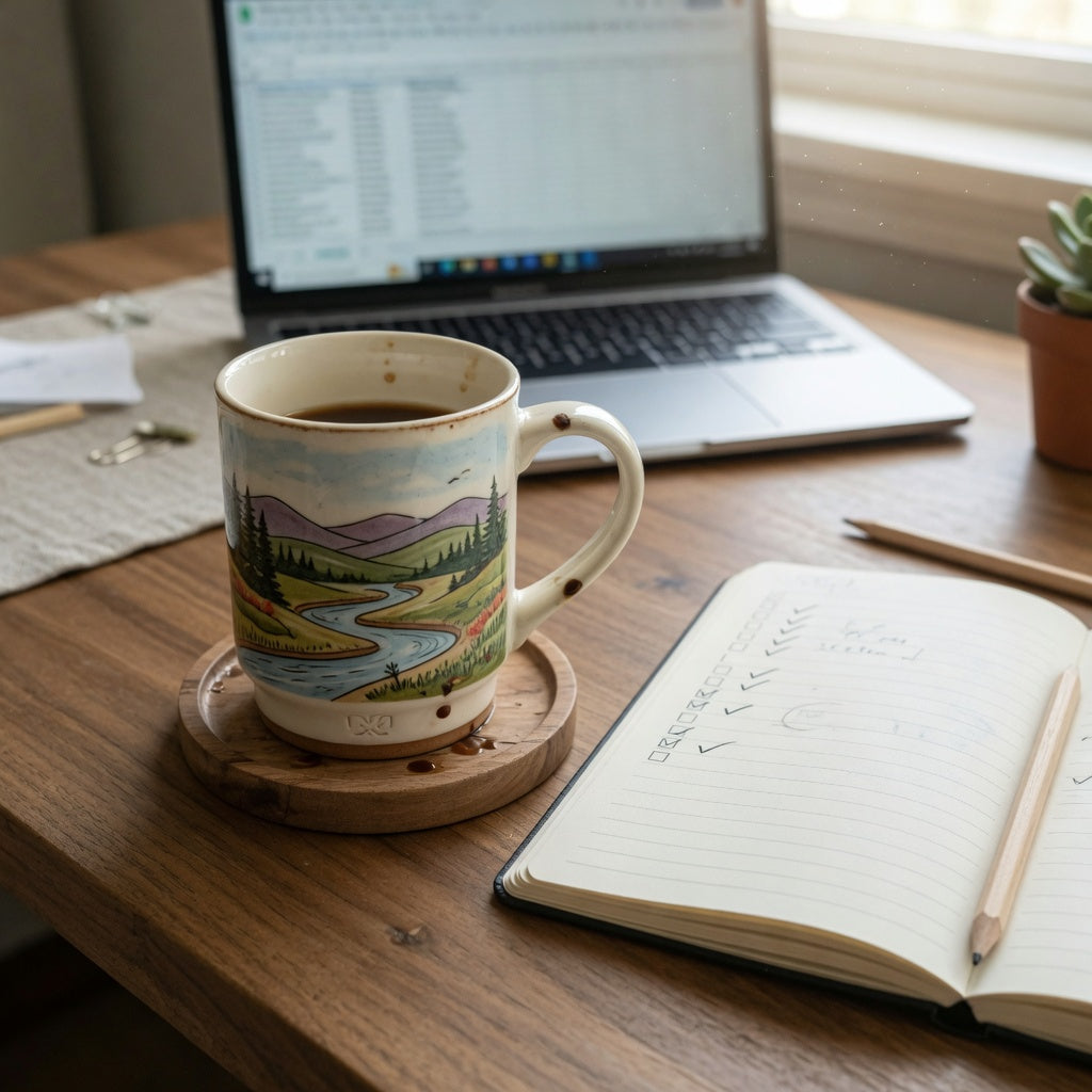 Landscape coffee tea mug buying checklist beside a scenic ceramic mug on a home office desk