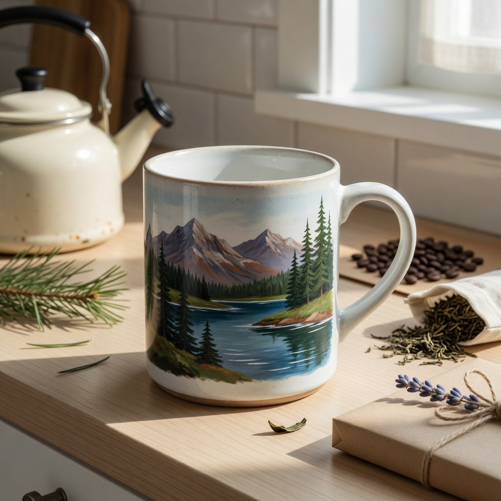 Landscape coffee tea mug gift ideas represented by a scenic ceramic mug with a mountain and lake design on a kitchen counter