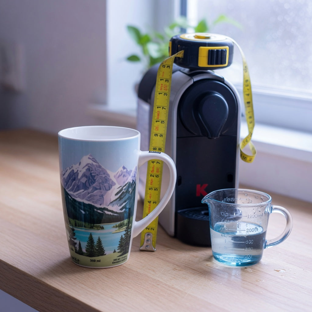 Landscape mug 350 ml with a tall silhouette and scenic mountain print beside a coffee machine on a kitchen counter