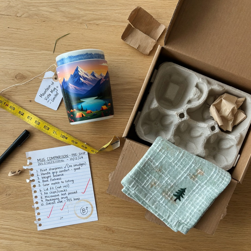 Ceramic landscape mug beside an open shipping box and care card, illustrating a landscape mug buying checklist