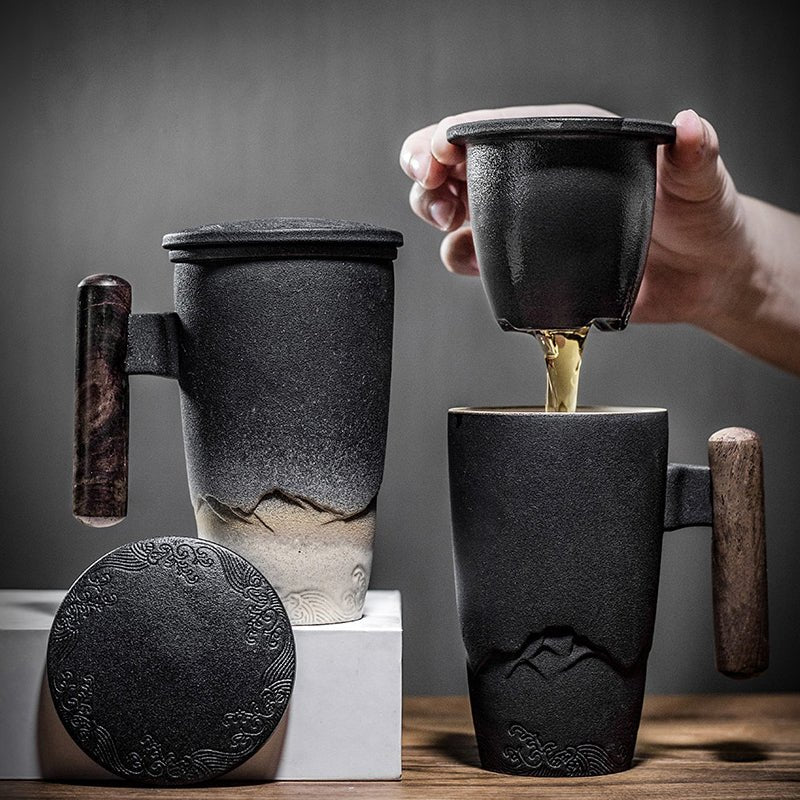 Side-profile comparison for the high quality ceramic coffee mugs shape and handle guide featuring Crane, Golden Waves Kio, and Landscape Tall designs