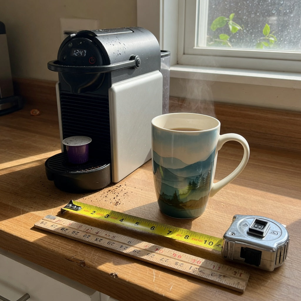 Landscape tall coffee tea mug buying checklist scene: tall scenic mug beside a coffee machine, tape measure, and ruler on a wooden counter