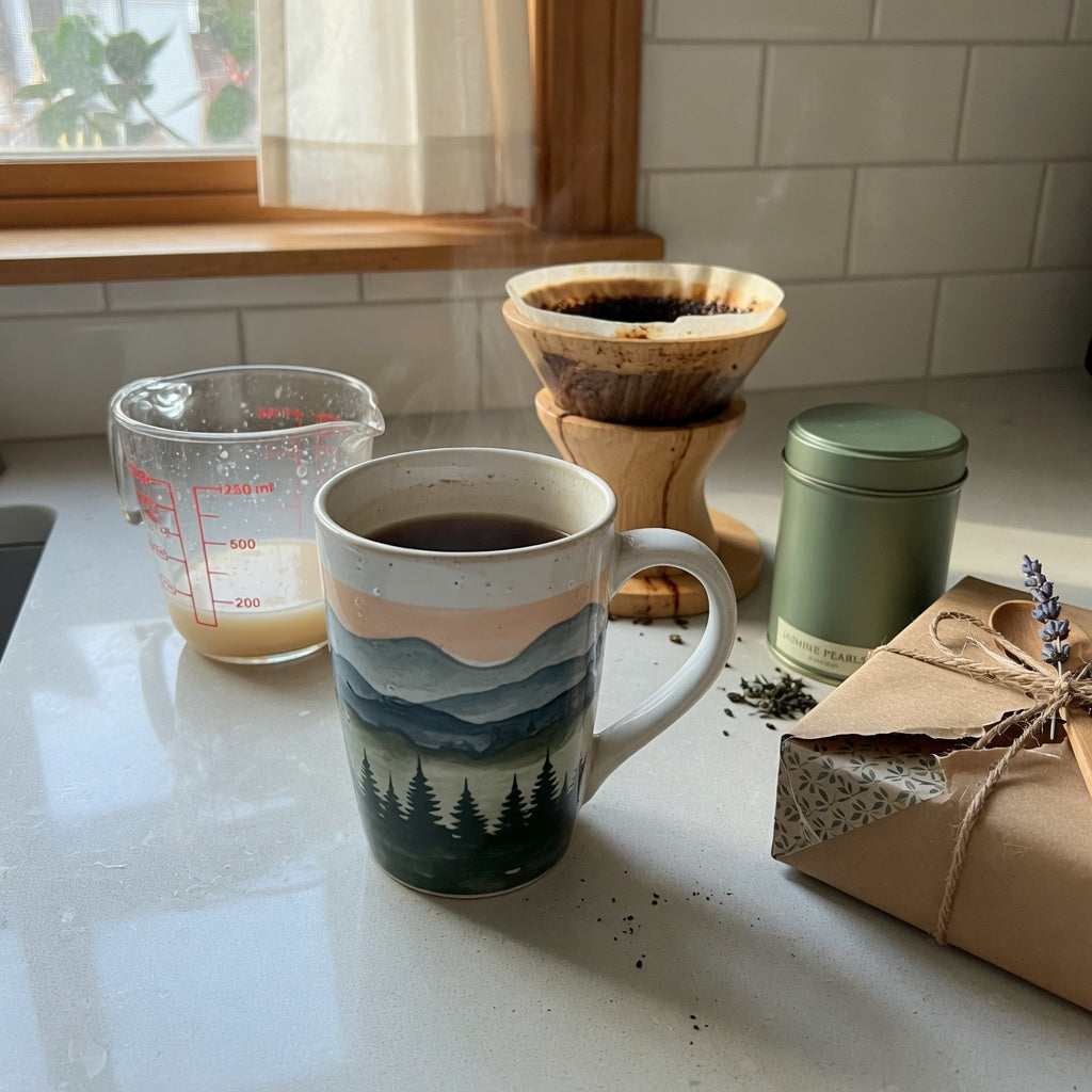 landscape tall coffee tea mug gift ideas compared beside a measuring jug, tea tin, coffee dripper, and gift box