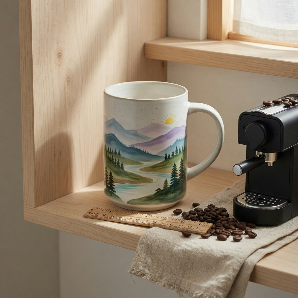 Landscape tall mug beside a compact coffee machine on an open-shelf coffee corner