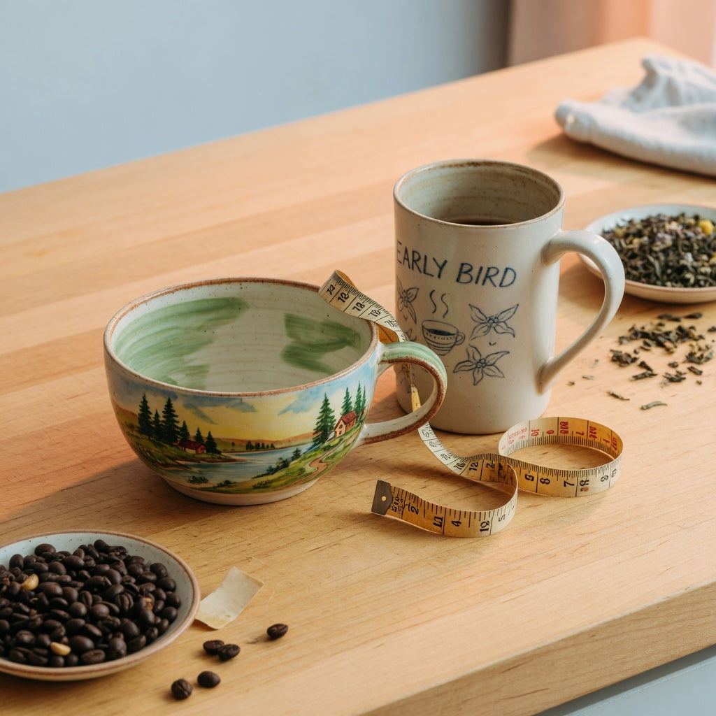 Landscape tea mug vs coffee mug size comparison: a wide, low landscape-format mug beside a taller upright coffee mug on a wooden counter with a measuring tape
