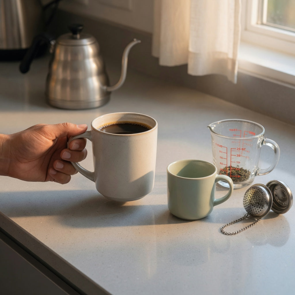 Large ceramic mug for coffee and tea shown with a measuring cup, tea infuser, and smaller mug for size comparison