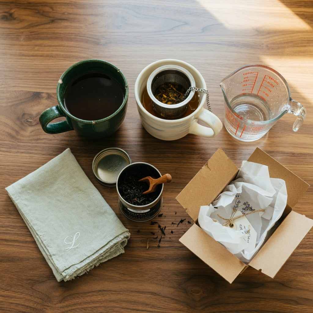 Large ceramic tea and coffee mug gift beside a basket tea infuser, measuring jug, and open gift box on a wooden kitchen table