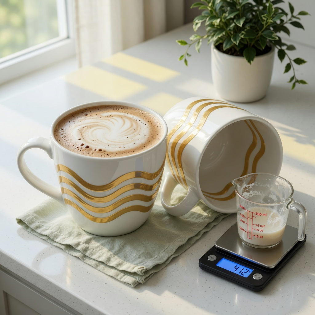 Two large decorative ceramic coffee mugs with golden wave patterns beside a measuring jug that shows their real capacity
