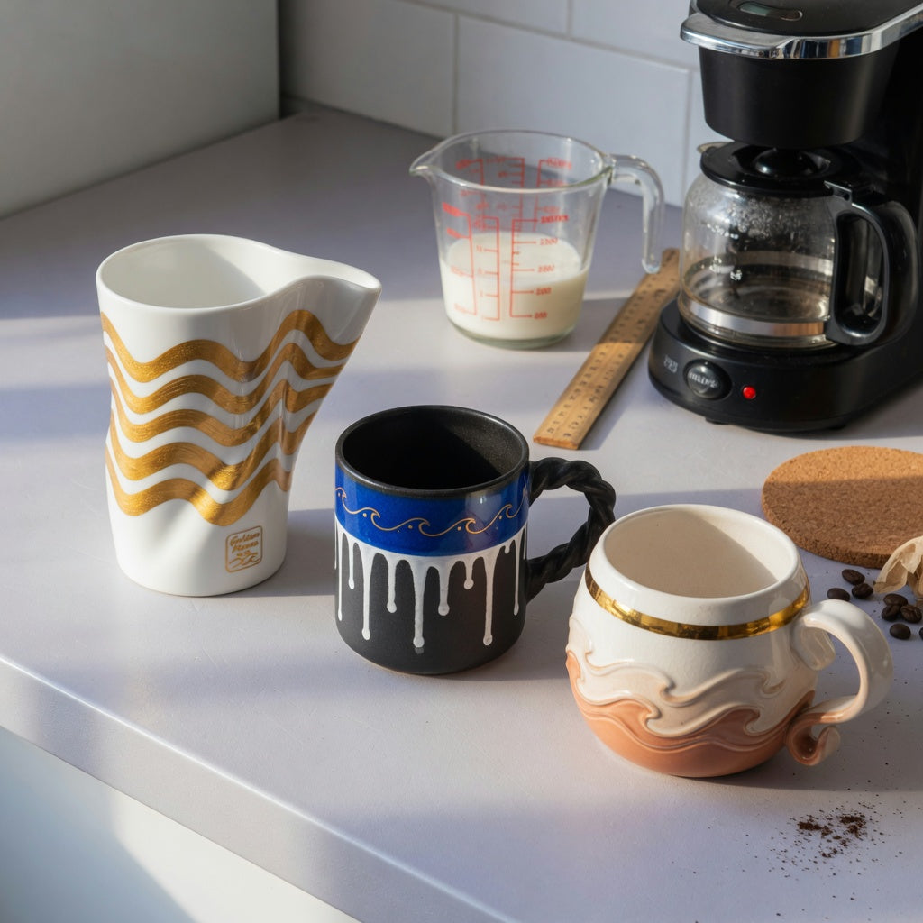Large decorative coffee mugs buying priorities compared using tall, shaped, and golden-wave mugs beside a ruler and coffee maker