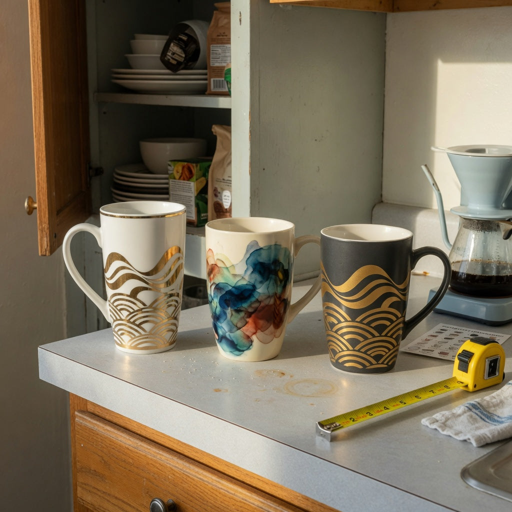 large decorative coffee mugs everyday mug rotation practical purchase checklist beside an open kitchen cabinet and tape measure