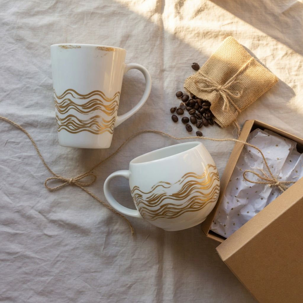 Large decorative coffee mugs for gifting: white ceramic mugs with gold wave patterns beside an open gift box and tissue paper