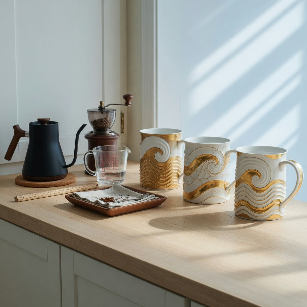 Counter scene illustrating the large decorative coffee mugs home coffee station practical purchase checklist with three mugs, a tray, ruler, kettle, and grinder