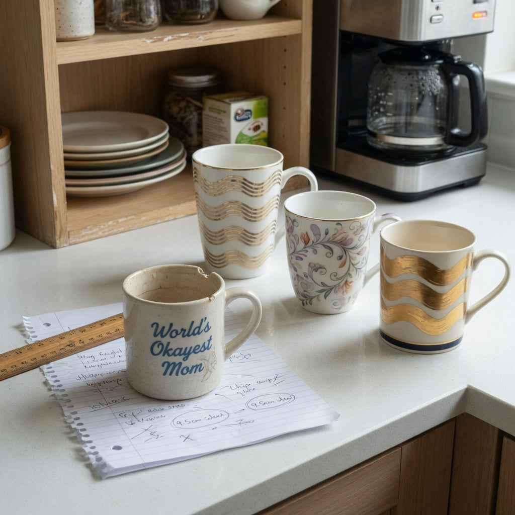 Large decorative coffee mugs replacement purchase practical purchase checklist with a worn mug, ruler, and three decorative replacement options