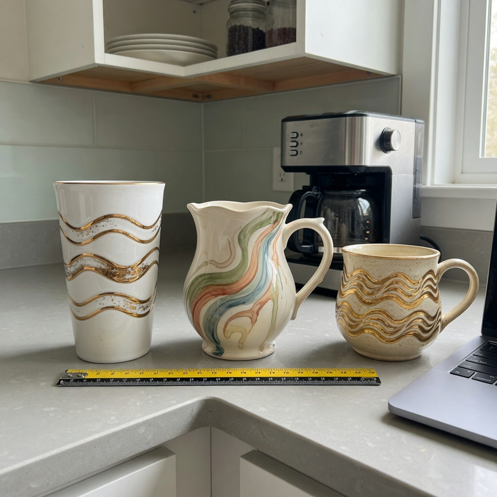 Large decorative coffee mugs size decision guide comparing 400-480 ml ceramic options beside a coffee machine and laptop