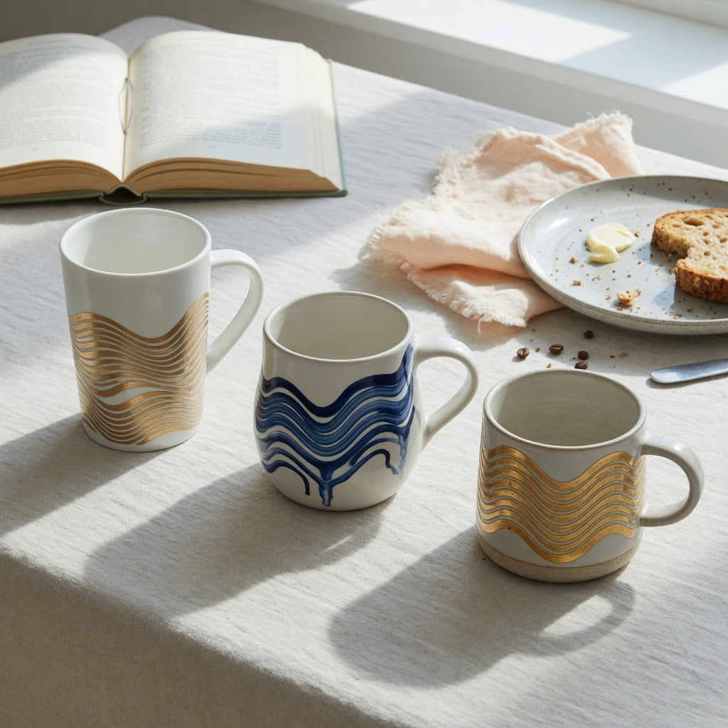 Large decorative coffee mugs weekend coffee product shortlist guide with three CoffeifyMug styles on a bright Saturday breakfast table
