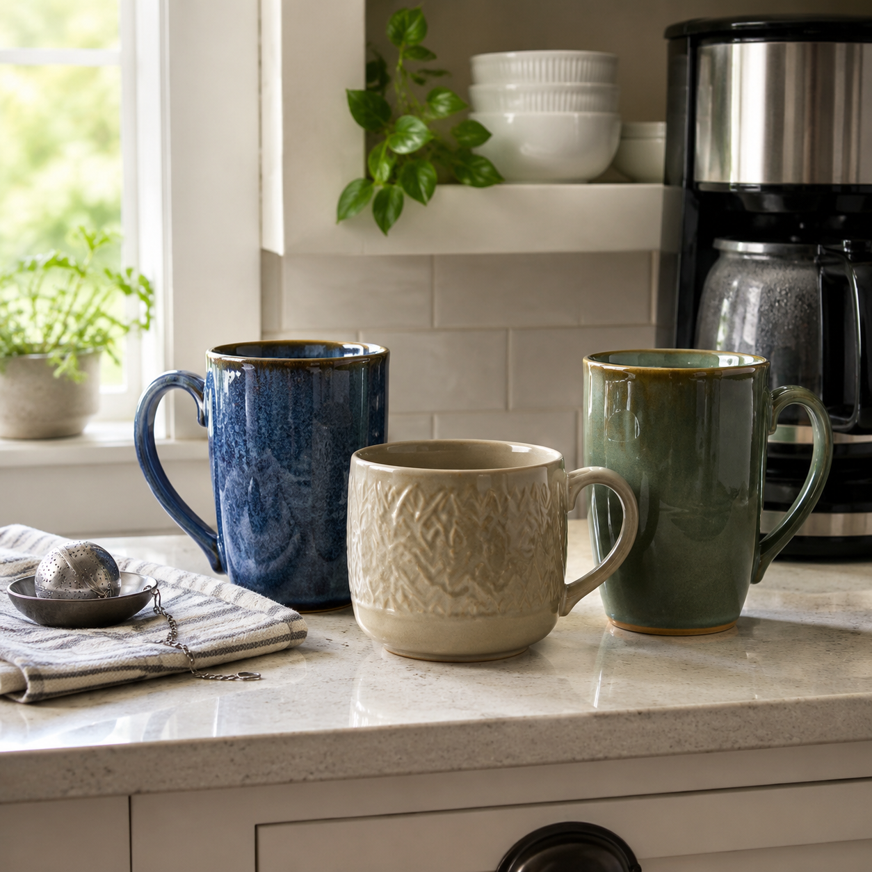 Large decorative coffee mugs compared by shape, handle size, and kitchen shelf fit