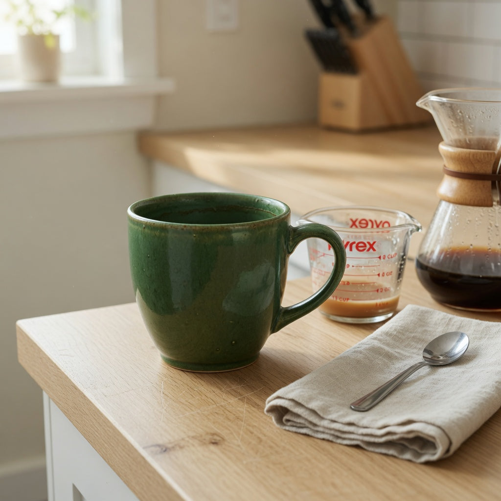 Large green ceramic coffee mug beside a measuring cup and coffee carafe on a kitchen counter