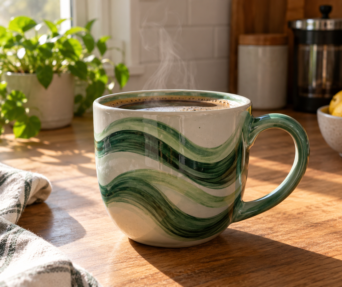 large green waves coffee mug with ocean wave design