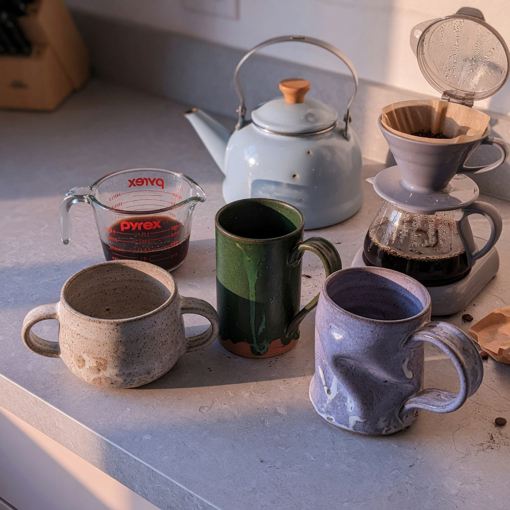 Large unique ceramic coffee mugs in wide, tall, and sculptural shapes beside a measuring cup and an open brewer