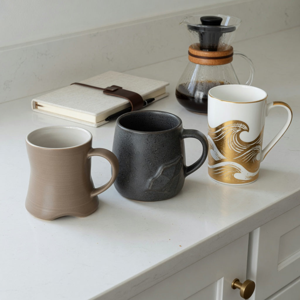 large unique coffee mugs current product facts comparison showing The Flow, The Rock, and White Golden Waves Tall