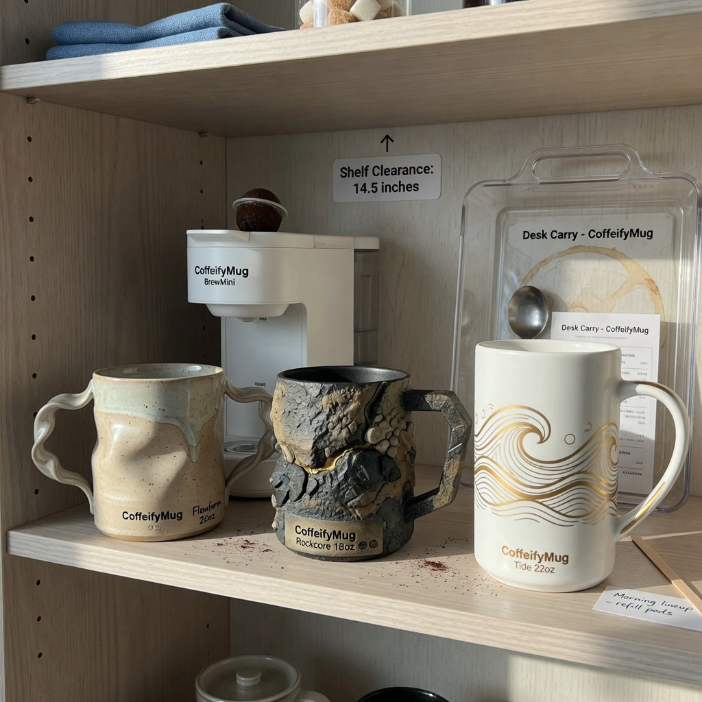 large unique coffee mugs everyday mug rotation product shortlist guide showing Flow, Rock, and tall white golden wave styles on an open kitchen shelf