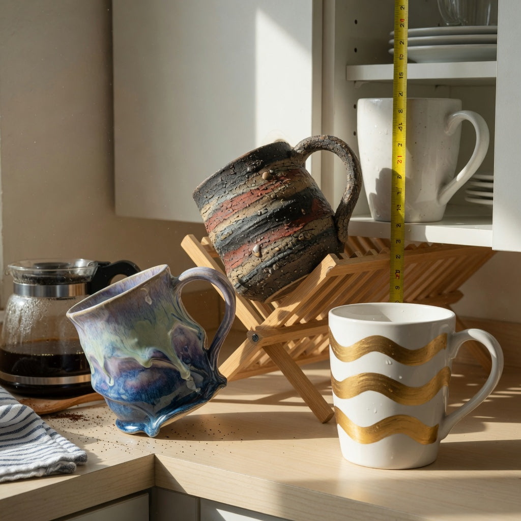 Kitchen counter setup for the large unique coffee mugs everyday mug rotation practical purchase checklist, with three mugs, a cabinet, and drying rack